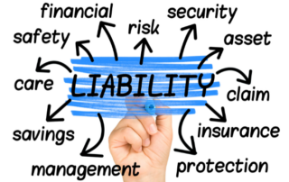 Untitled design 6 | McCormick Insurance Hand under a blue brushstroke labeled LIABILITY with arrows pointing to terms like risk asset insurance protection claims management savings safety care
