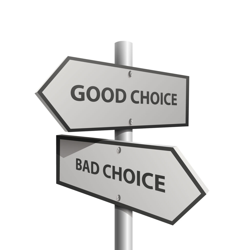 Column direction good bad choice Vector illustration | McCormick Insurance Signpost with two directional signs reading GOOD CHOICE above BAD CHOICE against a white background